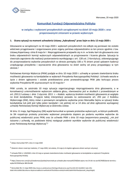 Komunikat Fundacji Odpowiedzialna Polityka w sprawie wyborów zarządzonych na 10 maja i zmian w prawie wyborczym