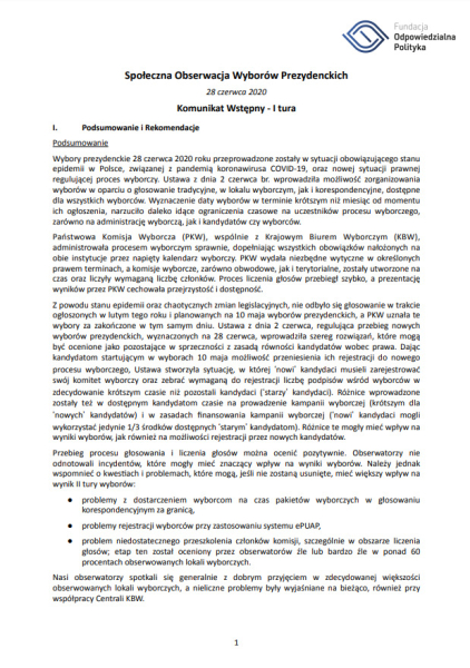 Obserwacja wyborów prezydenckich 2020 - komunikat po I turze