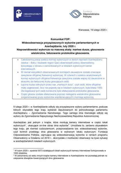 Wideoobserwacja przyśpieszonych wyborów parlamentarnych w Azerbejdżanie