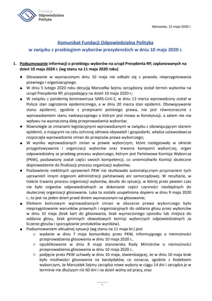 Komunikat Fundacji Odpowiedzialna Polityka w sprawie wyboró zarządzonych na 10 maja