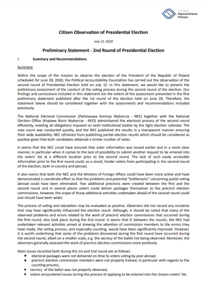 2020 Presidential elections - Preliminary Statement - Round II