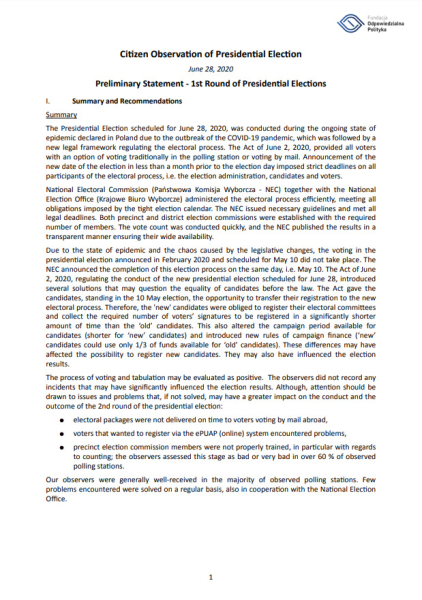 2020 Presidential elections - Preliminary Statement - Round I