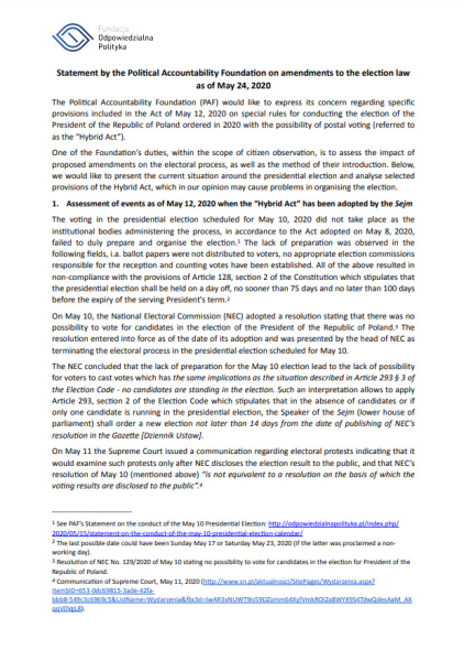 Statement on the amendments to the electoral law as of May 24, 2020