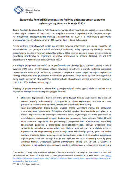 Komunikat Fundacji Odpowiedzialna Polityka w sprawie zmian w prawie wyborczym