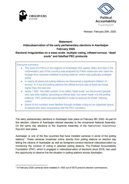Videoobservation of Azerbaijan's 2020 early parliamentary elections